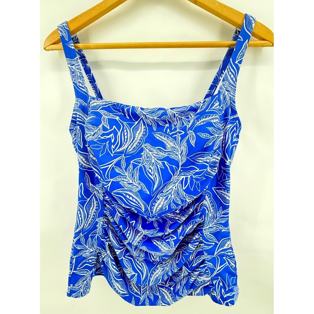 L.L.Bean Tankini Top Womens 16 Blue White Leaf Ruched UPF 50 Botanical Slimming